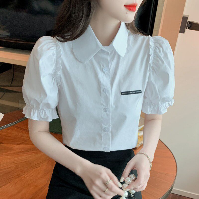 白色全棉衬衫女装夏季2026年新款短袖职业女士衬衣时尚泡泡袖上衣