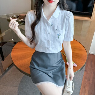 泡泡袖 2025年夏季 女洋气全棉刺绣短袖 衬衣纯棉衬衫 小个子上衣 新款