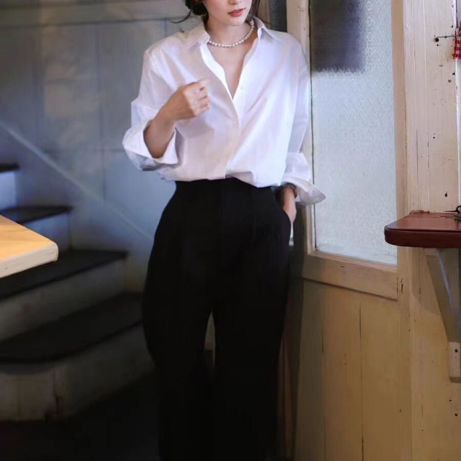 法式简约白色衬衫女春秋长袖职业衬衣通勤气质冷淡风宽松纯棉上衣