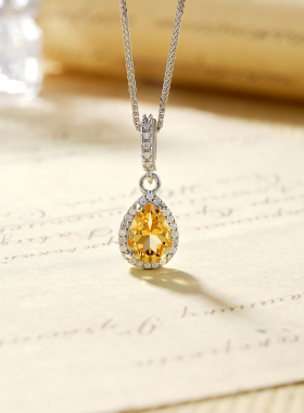 天然黄水晶吊坠女S925银水滴项链