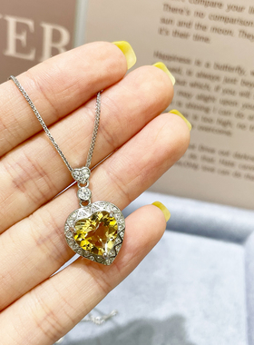天然黄水晶S925纯银镶嵌吊坠项链