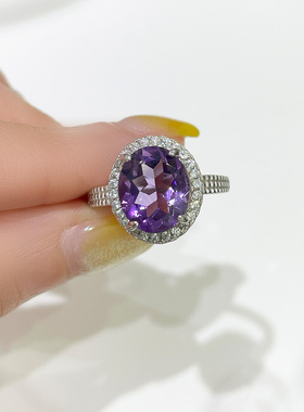 天然无烧紫水晶大戒指女S925纯银
