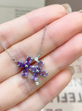 天然紫水晶四叶草吊坠925银项链