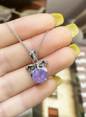 天然紫玉晶蝴蝶结吊坠S925银项链