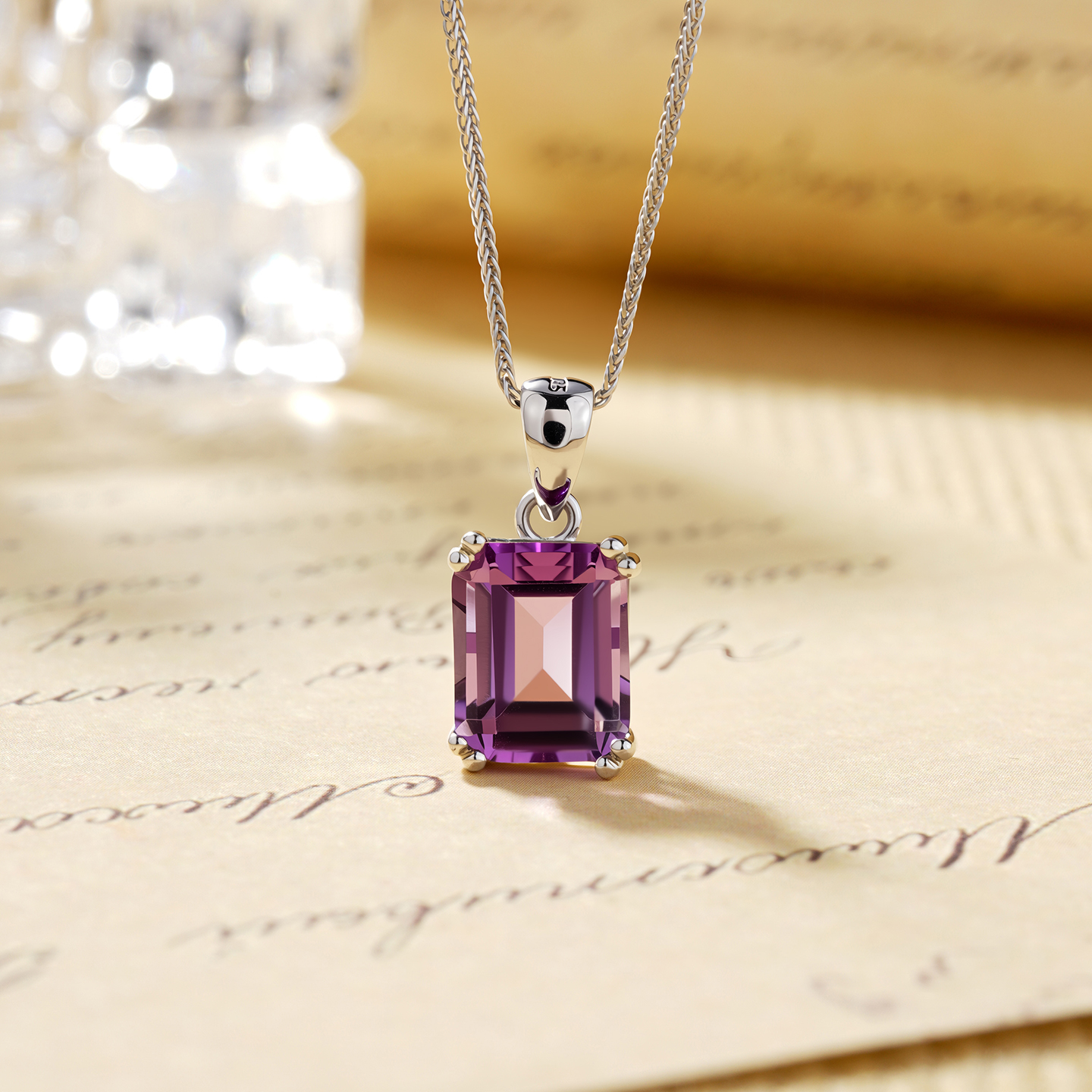 巴西天然原矿紫水晶吊坠女S925纯银项链镶嵌方形宝石时尚百搭挂坠