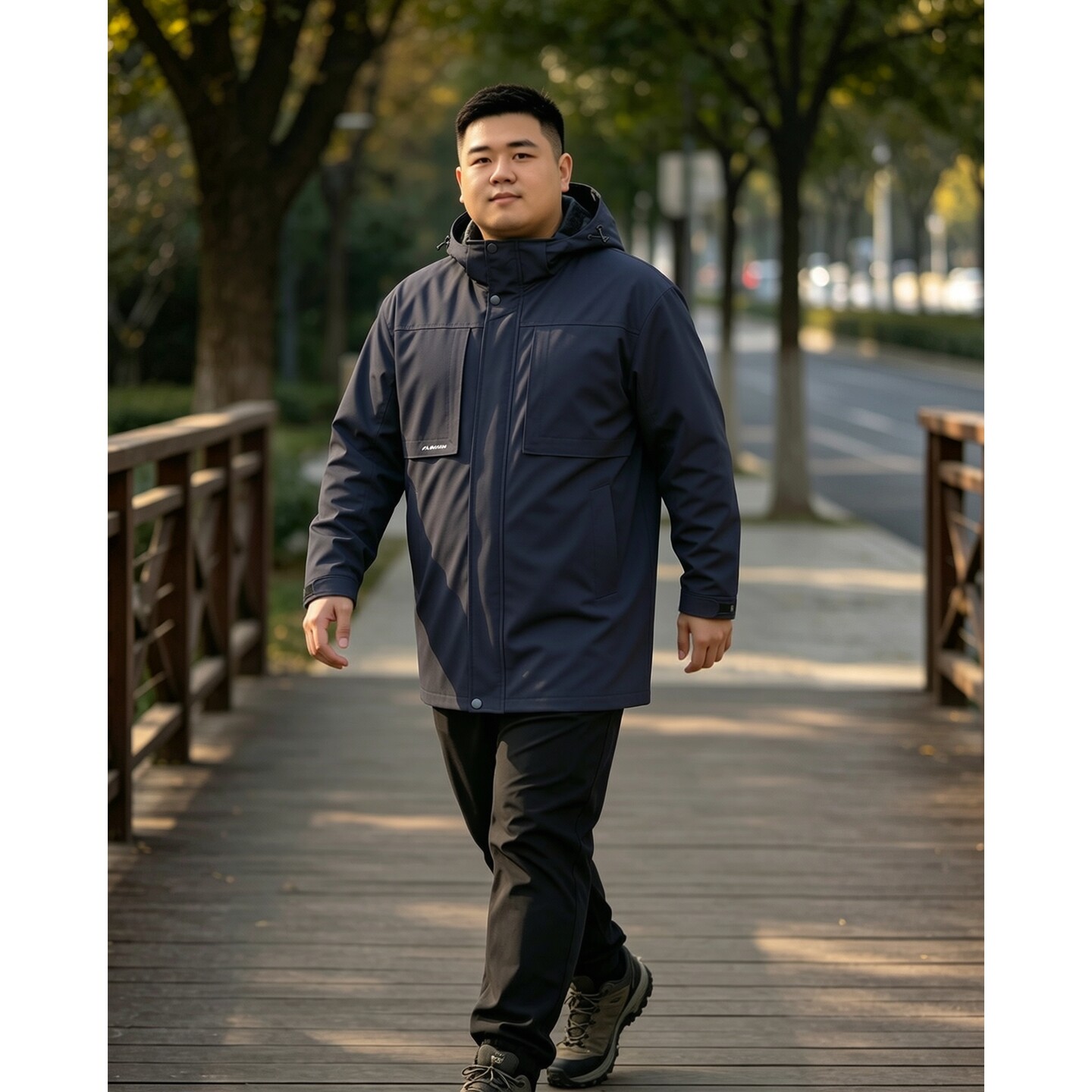 秋冬装大码男装户外加绒连帽外套加肥加大宽松工装风保暖上衣风衣