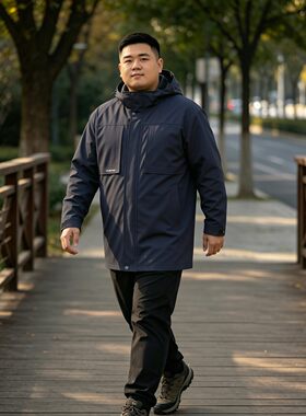 秋冬大码男加绒连帽工装风衣