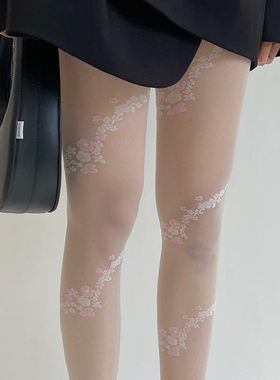 黑白色包芯丝玫瑰花连裤丝袜薄女