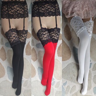 包邮天鹅绒彩黑白色加长大蕾丝花边吊带套装长筒袜高统袜子女中厚