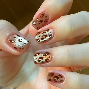 豹纹猫眼复古返潮穿戴甲ins 简约显白甜酷辣妹百搭新短款美甲贴片