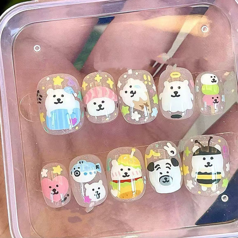 蜜蜂小熊穿戴甲软萌可爱卡通自嘲熊元气减龄学生短款豆豆美甲贴片