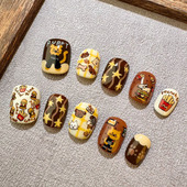 小狗爱薯条秋冬新款 穿戴甲小众设计显白咖啡色可爱短豆豆指甲贴片