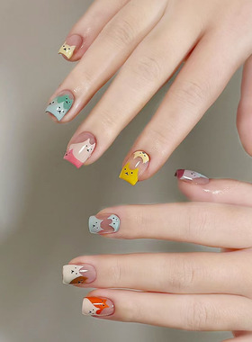 涂鸦手绘小猫穿戴甲可爱少女心小众设计高级感短方甲新爆款美甲贴