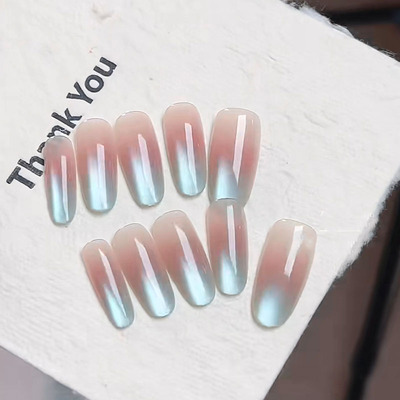 蓝色渐变碎钻玻璃珠猫眼穿戴甲