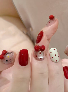 红色kt蝴蝶结猫眼穿戴甲节日新年可爱甜美少女儿童显白短美甲贴片