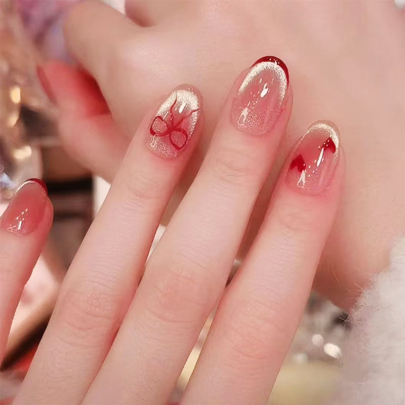 红韵法式猫眼穿戴甲高级感显白节日新春过年短椭圆爆款美指甲贴片