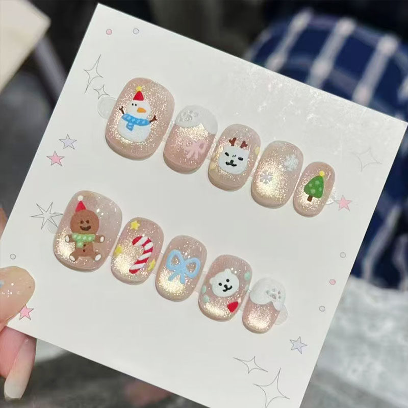 圣诞甜品屋猫眼穿戴甲卡通可爱甜美学生节日新短款豆豆美指甲贴片