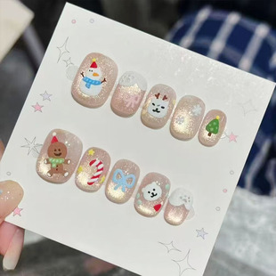 圣诞甜品屋猫眼穿戴甲卡通可爱甜美学生节日新短款 豆豆美指甲贴片