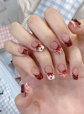 红色蝴蝶结法式穿戴甲可爱显白日常春节日新短款半手工美指甲贴片