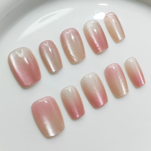 水蜜桃渐变粉猫眼穿戴甲水晶韩系清新温柔甜仙女风新短款美甲贴片