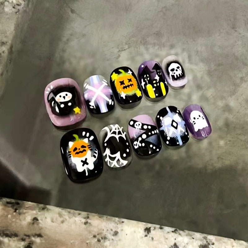 亡灵喵喵万圣节日穿戴甲可爱卡通小众设计手绘新短款豆豆美甲贴片