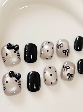 黑色KT蝴蝶结猫眼穿戴甲炫酷可爱少女日常百搭显白新短款美甲贴片