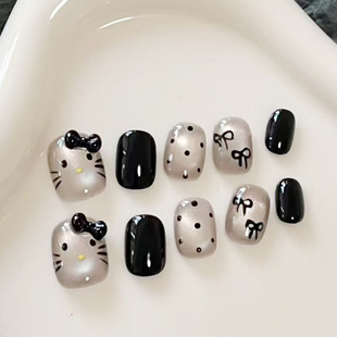 黑色KT蝴蝶结猫眼穿戴甲炫酷可爱少女日常百搭显白新短款美甲贴片