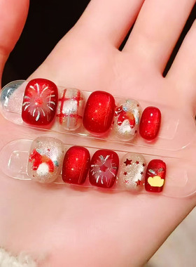 红焰纳福猫眼穿戴甲显白色高级感2026新春过年短爆款豆豆美甲贴片