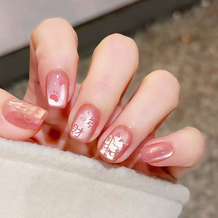 凯蒂奶芙猫眼穿戴甲高级感招财猫可爱粉色温柔新年短爆款美甲贴片