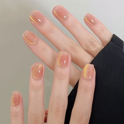 落日余晖金色猫眼穿戴甲纯色短款高级感简约小众设计春夏新款美甲