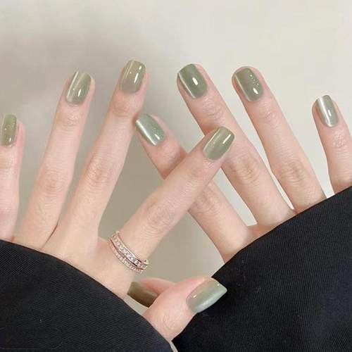 清新绿猫眼穿戴甲高级气质氛围感简约显白短方甲美甲秋冬新年爆款