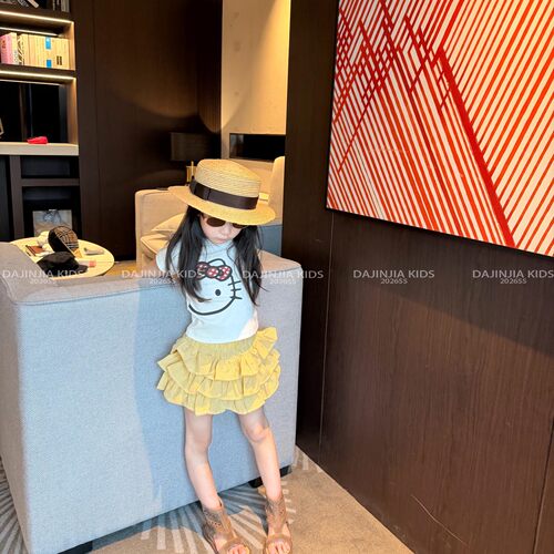 26夏季韩系半身裙黄色时髦蓬蓬格子裙女宝宝蛋糕裙裤