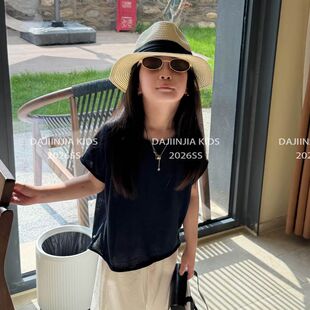 26夏季大金家女童全亚麻藏青色薄款巨透气宽松百搭休闲短袖上衣