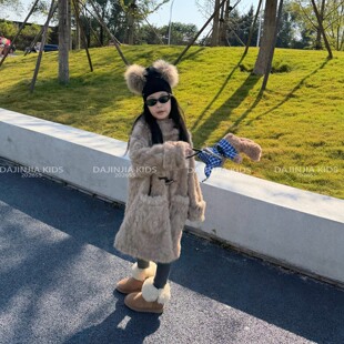26秋冬季新款加厚女宝宝仿皮草软乎乎中长款大地色女儿童轻奢风衣