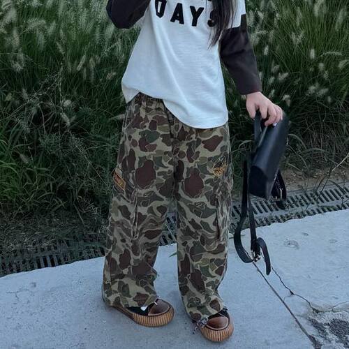 女儿童美式宽松迷彩阔版工装裤