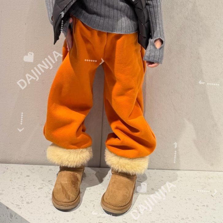 25冬季新款巨好看橘色一体绒保暖男女宝多巴胺束脚宽松幼儿园卫裤