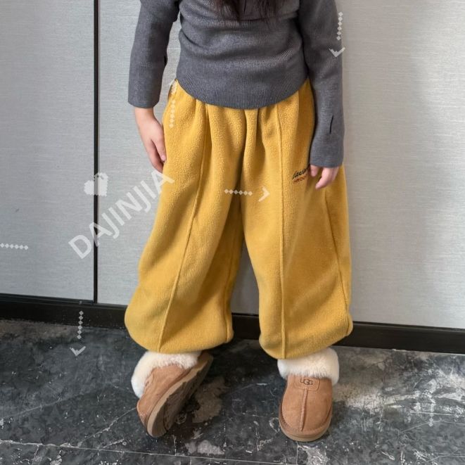 25秋冬新款巨舒服抓绒加厚保暖卫裤男女宝黄色束脚卫裤哈伦棉裤