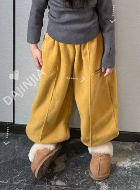 25秋冬新款巨舒服抓绒加厚保暖卫裤男女宝黄色束脚卫裤哈伦棉裤