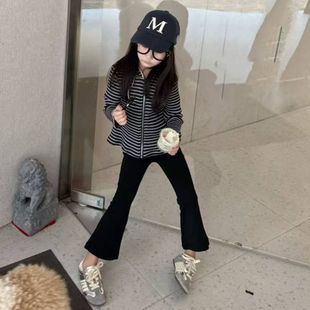 大金家童装秋季新款薄款女儿童长袖卫衣黑色条纹拉链开衫连帽外套