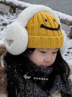 大金家童装韩系百搭巨可爱黄色笑脸针织弹力护耳帽