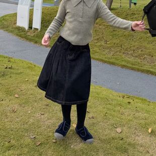 26秋冬季新款原牛不tui色女宝宝洋气中长款A字牛仔半身长裙