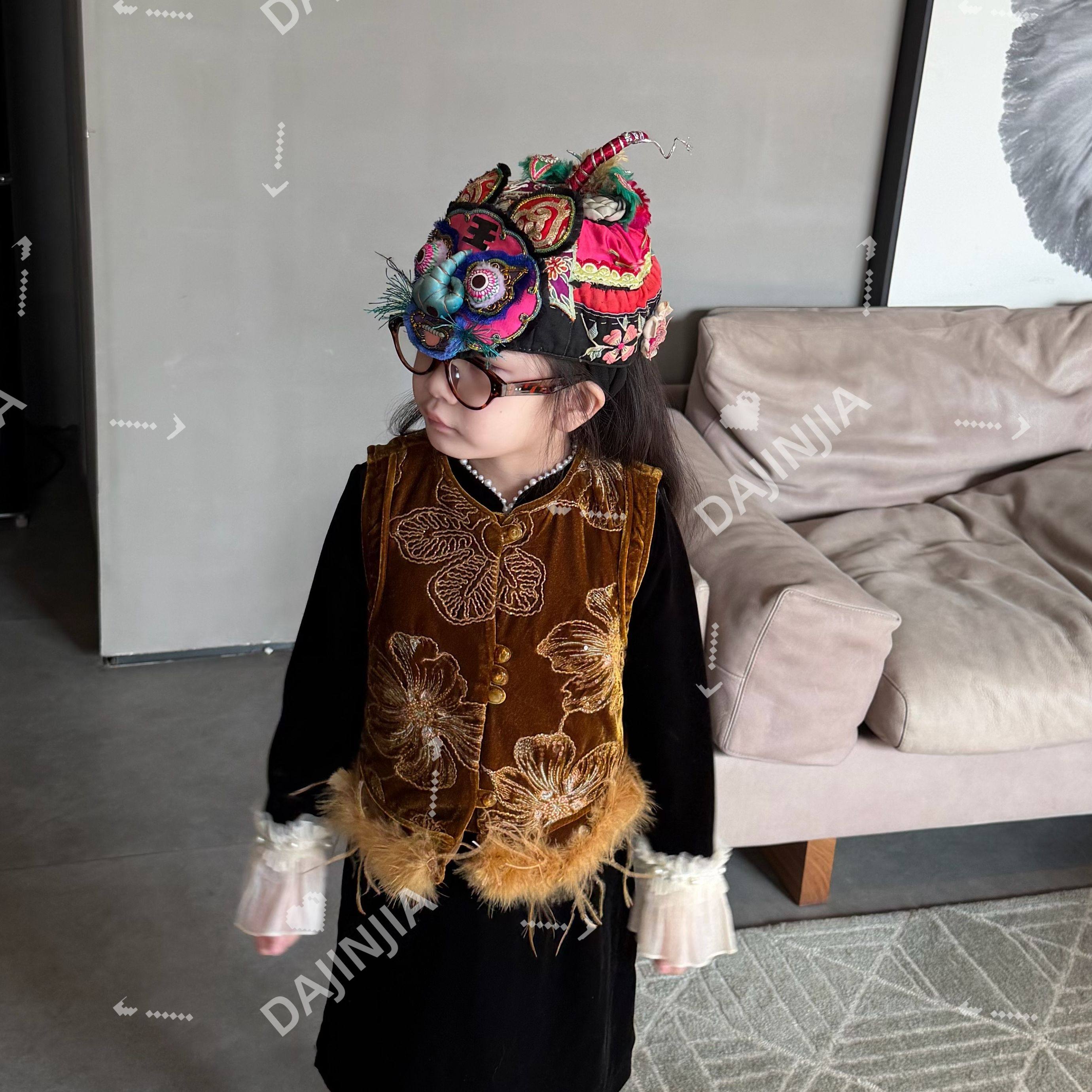 26新中式芥黄色拜年服刺绣丝绒国风可拆卸鸵鸟毛丝绒背心马甲,童装/婴儿装/亲子装,唐装,淘宝优惠券,粉丝福利购,淘宝优惠卷