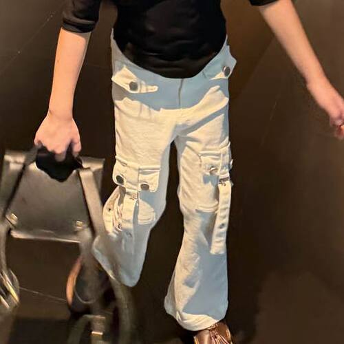 女童白色工装弹力工装微喇休闲裤