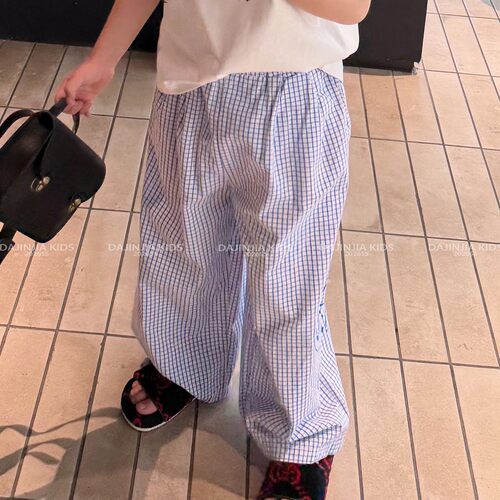 男女宝蓝白格子防蚊阔腿休闲裤