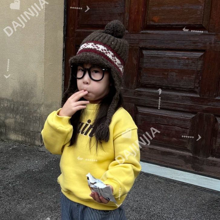 25冬季圆领韩版洋气加绒加厚保暖香蕉黄套头卫衣幼儿园百搭上衣