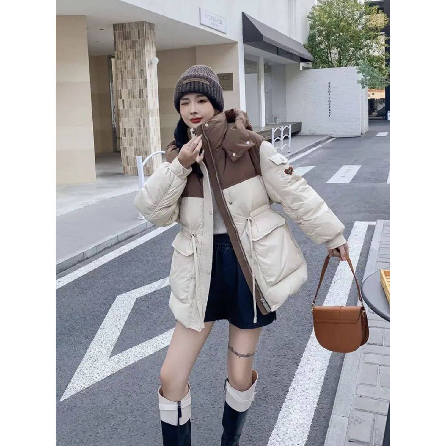 中长款撞色拼接羽绒服女2025冬季新款鸭绒收腰小个子加厚连帽外套