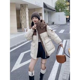 中长款撞色拼接羽绒服女2025冬季新款鸭绒收腰小个子加厚连帽外套