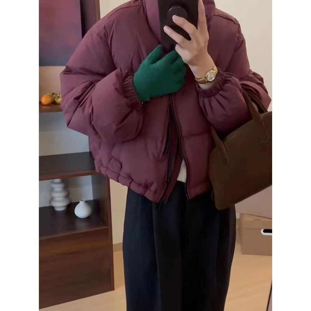 韩版羽绒服女2025冬季新款短款立领小个子加厚面包服纯色保暖外套