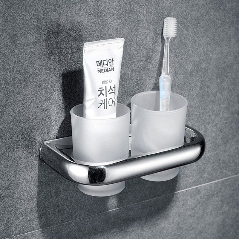 卫生间牙刷杯免打孔304不锈钢单双杯架浴室置物架壁挂酒店漱口杯