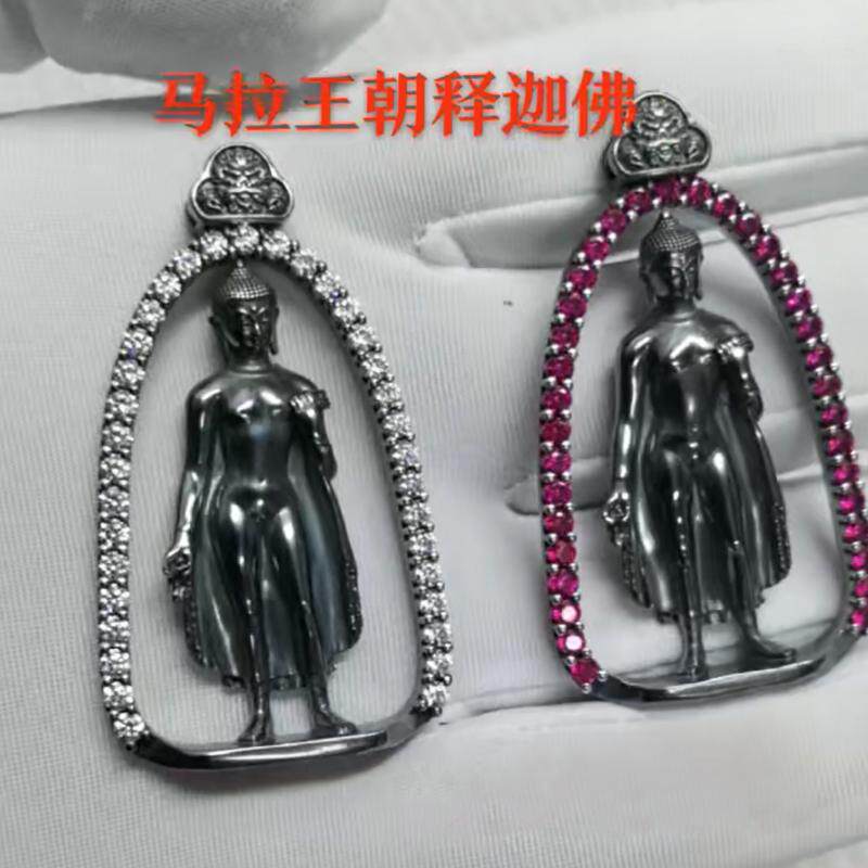 仿古纯银999足银释迦牟尼佛佛牌项链吊坠镶嵌藏式配饰可定制纯金